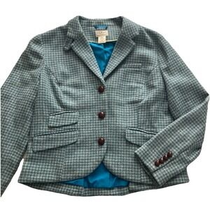 LL Bean Womens Wool Blend Houndstooth Blue Coat Size 14 Pet
